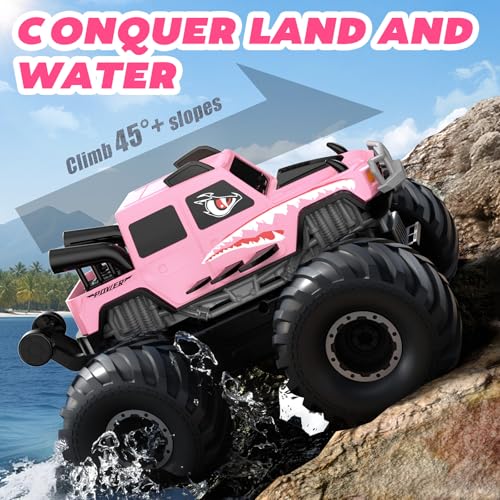 NQD Monster Truck Toys Waterproof 360Rotate 4x4 RC Truck Amphibious Remote Control Monster Trucks 24GHz All Terrain OffRoad Pickup Toy RC Car for Gifts for Boys Kids Age 6 7 8 9 10 11 12Pink - Image 5