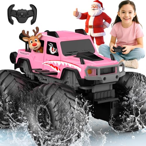 NQD Monster Truck Toys Waterproof 360Rotate 4x4 RC Truck Amphibious Remote Control Monster Trucks 24GHz All Terrain OffRoad Pickup Toy RC Car for Gifts for Boys Kids Age 6 7 8 9 10 11 12Pink - Image 1
