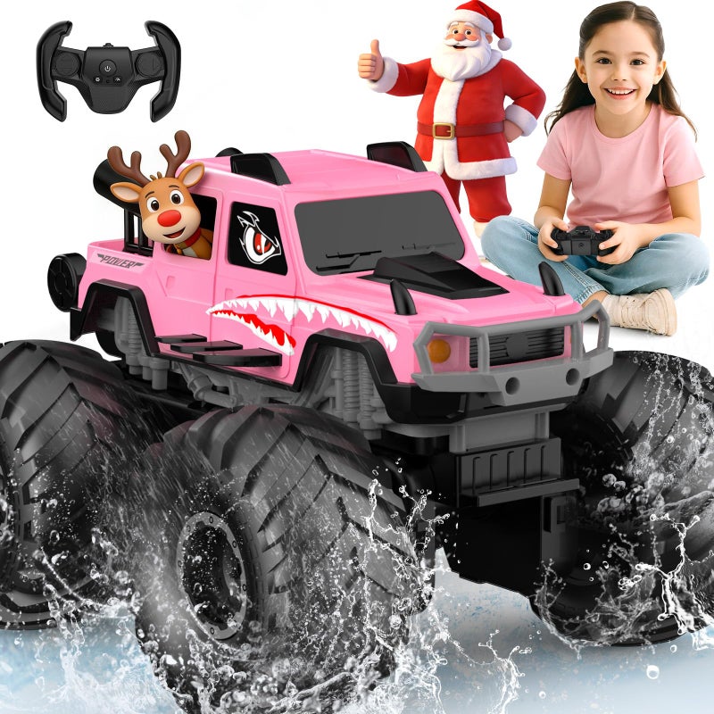 NQD Monster Truck Toys Waterproof 360Rotate 4x4 RC Truck Amphibious Remote Control Monster Trucks 24GHz All Terrain OffRoad Pickup Toy RC Car for Gifts for Boys Kids Age 6 7 8 9 10 11 12Pink - Image 3
