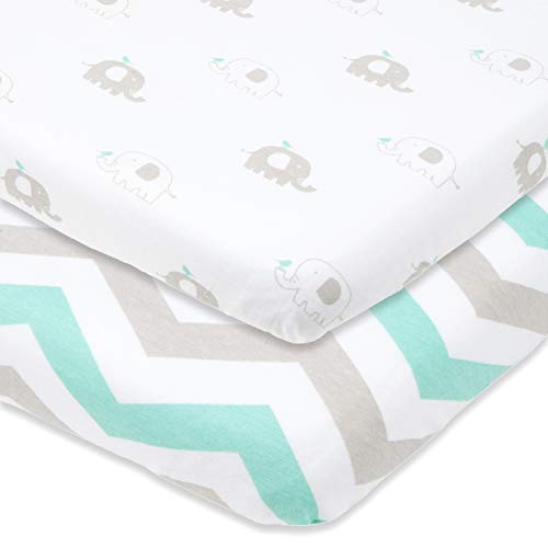 Cuddly Cubs Cradle Sheets Fitted 18 x 36 – Fits Most Bedside Sleeper Bassinets Without Bunching Mattress Pad – Snuggly Soft Jersey Cotton – Grey, Mint, Chevron, Elephants – 2 Pack - Image 1
