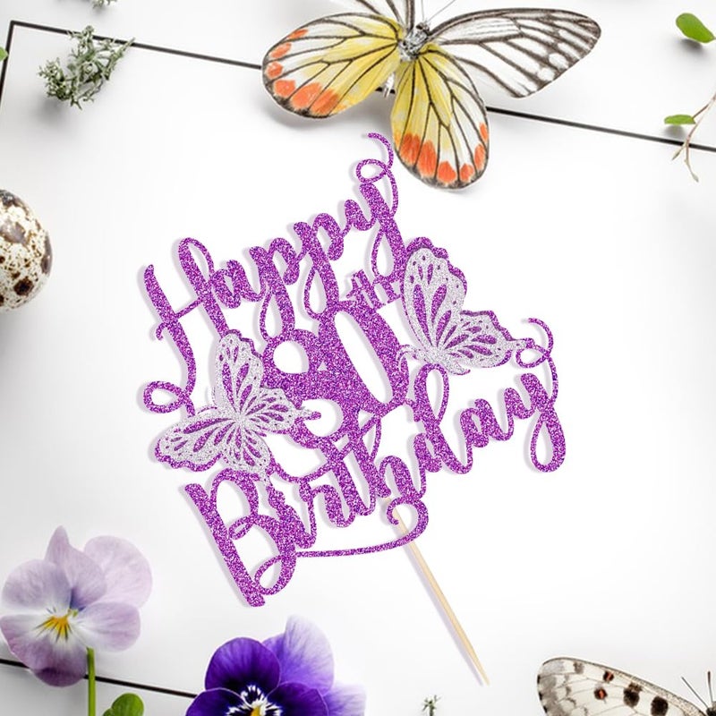 Kaoenla 3D Butterfly Happy 80th Birthday Cake Topper  Glitter eighty/80th Birthday/anniversary  Butterfly Theme Party Cake Decor (80th  Purple) - Image 5