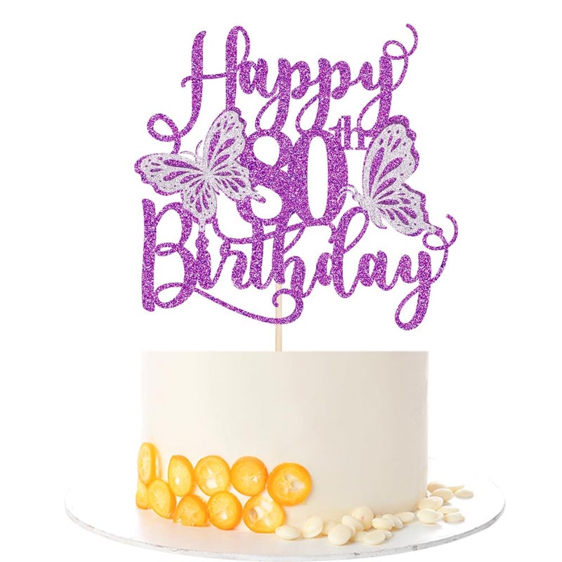 Kaoenla 3D Butterfly Happy 80th Birthday Cake Topper  Glitter eighty/80th Birthday/anniversary  Butterfly Theme Party Cake Decor (80th  Purple) - Image 1