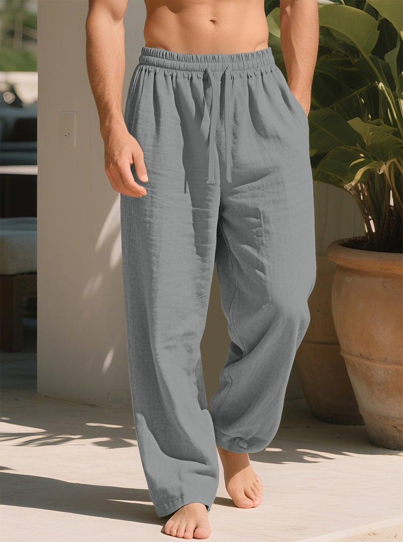 Linen Solid Color Drawstring Loose Straight Casual Large Size Breathable Quick Men's Pants