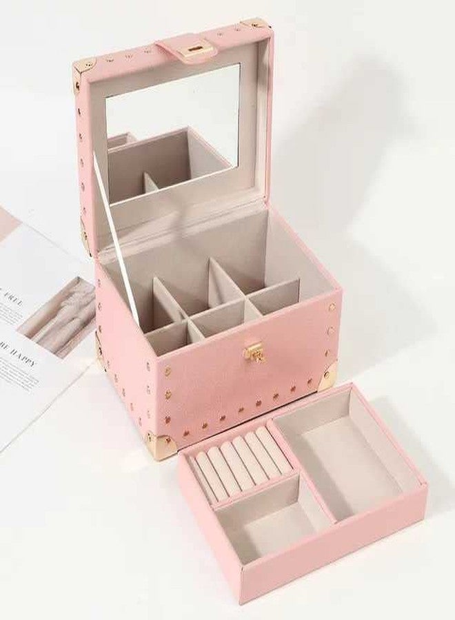 RONTENO PU Leather Display Jewellery Holder with Removable Tray for Necklace Earrings Rings Bracelets(1Pc, Light Pink,22.5cm x 13cm x 15.5cm) - Image 2