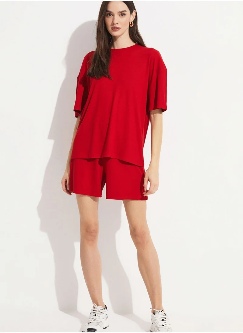 جون Ribbed Knitted T-Shirt & Shorts Set