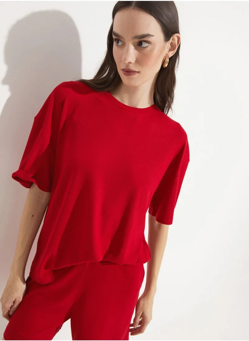 جون Ribbed Knitted T-Shirt & Shorts Set
