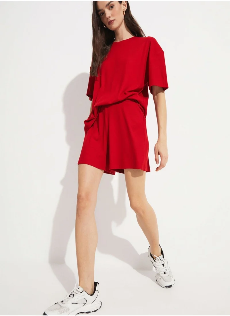 جون Ribbed Knitted T-Shirt & Shorts Set