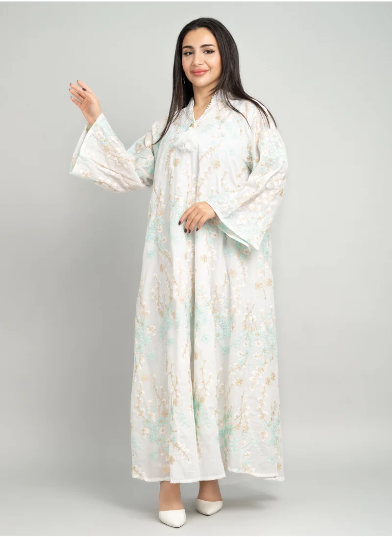 IKKXA Elegant Colour Floral Embroidered White Jalabiya CJ1074 Green