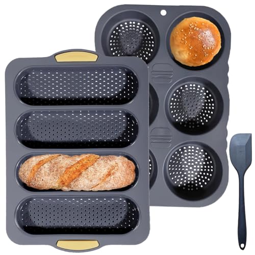 nuuubik 3 PCS Silicone Hamburger Bun Pan and Baguette Pan Set, Non-stick French Bread Baking Mold, 4 Wave French Bread Baking Tray,6 Cup Hamburger Bun Mold with Scraper for Homemade Bread Loaf Sandwich - Image 1