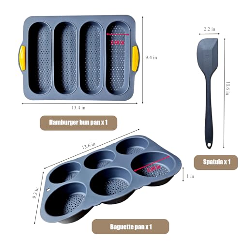 nuuubik 3 PCS Silicone Hamburger Bun Pan and Baguette Pan Set, Non-stick French Bread Baking Mold, 4 Wave French Bread Baking Tray,6 Cup Hamburger Bun Mold with Scraper for Homemade Bread Loaf Sandwich - Image 4