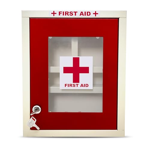 FORTUNE Wall Mount First Aid Box | Medicine Organizer Box | Emergency Medical Box for Medicine Storage with and Key Lock | First Aid Kit Box for Home, Office, Cinema Hall, School, Shops (Red & Ivory) - Image 1
