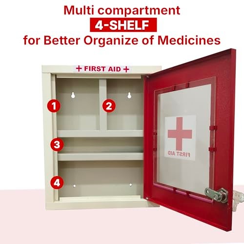 FORTUNE Wall Mount First Aid Box | Medicine Organizer Box | Emergency Medical Box for Medicine Storage with and Key Lock | First Aid Kit Box for Home, Office, Cinema Hall, School, Shops (Red & Ivory) - Image 3