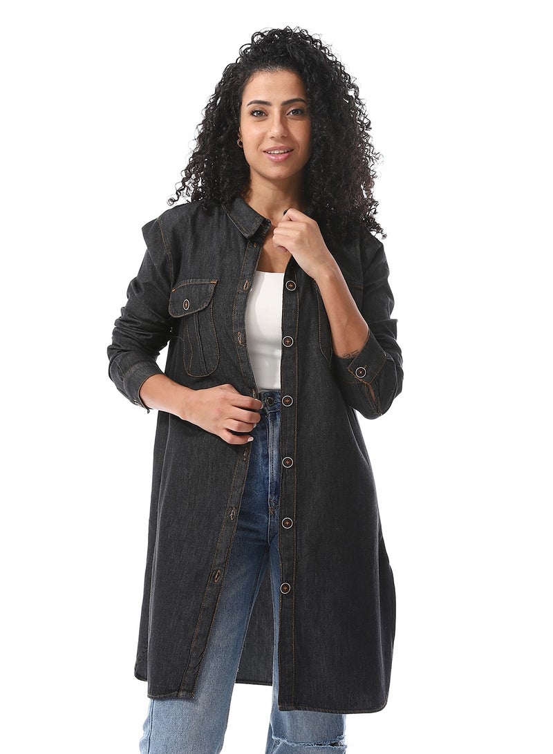 Andora Turn Down Collar Denim Shirt_Charcoal - Image 1