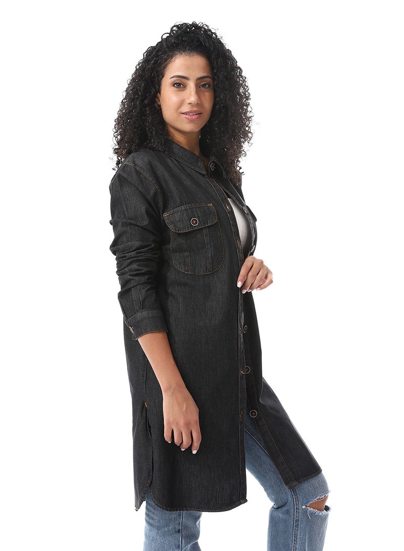 Andora Turn Down Collar Denim Shirt_Charcoal - Image 2