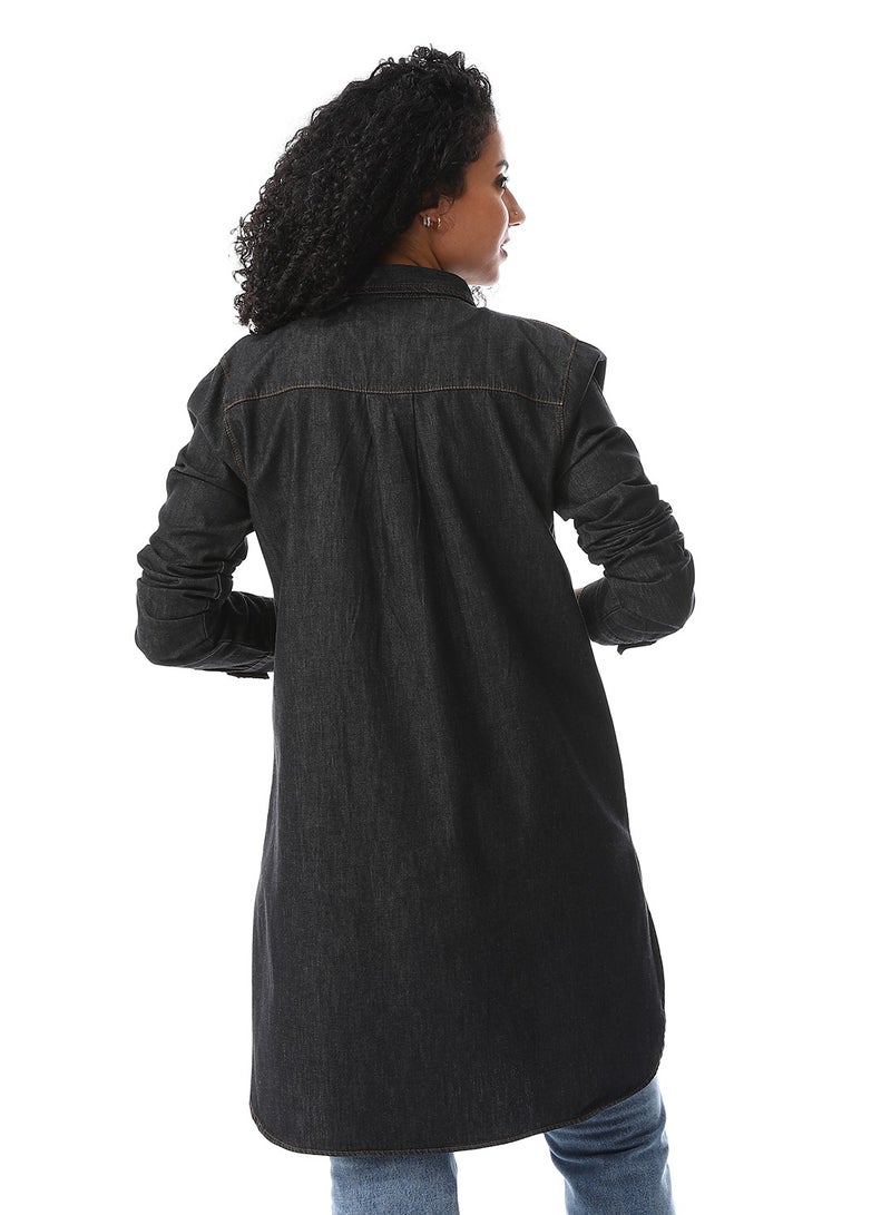 Andora Turn Down Collar Denim Shirt_Charcoal - Image 3