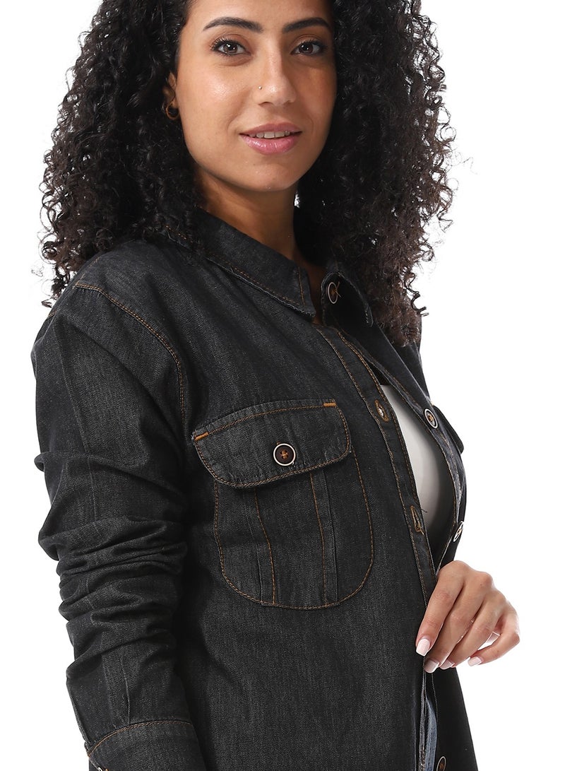 Andora Turn Down Collar Denim Shirt_Charcoal - Image 4