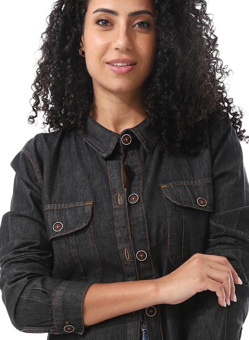 Andora Turn Down Collar Denim Shirt_Charcoal - Image 5
