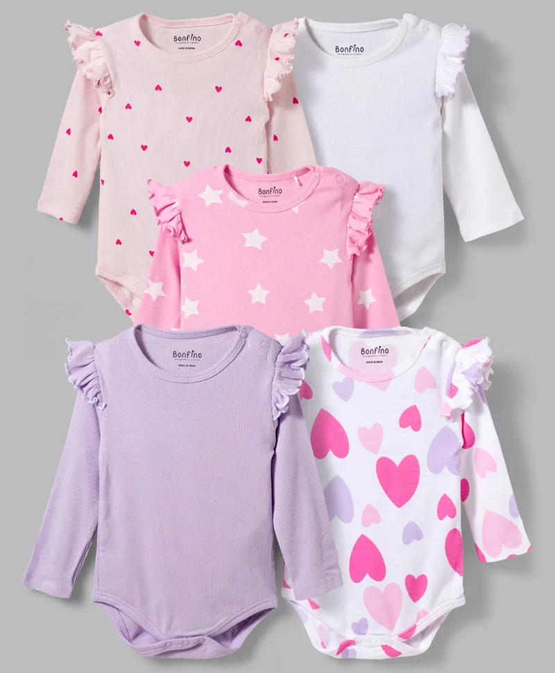 Bonfino Bonfino 5-Pack 100% Cotton Start and Star Printed Full Sleeves Onesies - Multicolor