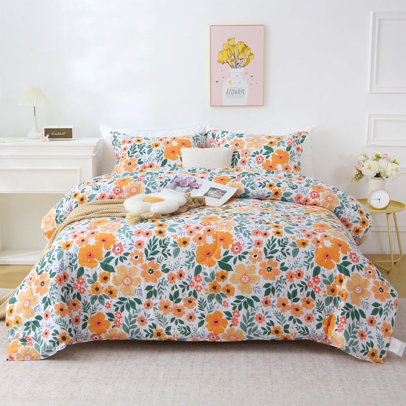 Mooreeke Floral Queen Size Comforter Sets, Green and Yellow Botanical Patterned Bedding for All Seasons, 3-Piece Vintage Bed in a Bag with Fluffy Quilted Reversible Comforter & 2 Pillow Shams - Image 1