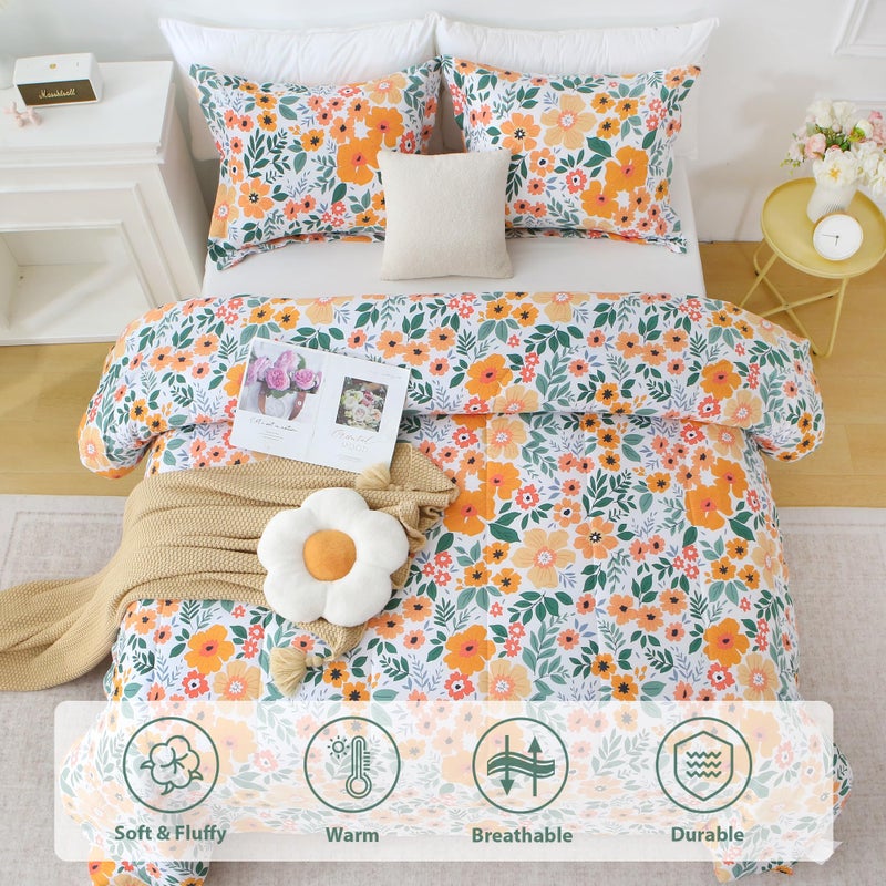 Mooreeke Floral Queen Size Comforter Sets, Green and Yellow Botanical Patterned Bedding for All Seasons, 3-Piece Vintage Bed in a Bag with Fluffy Quilted Reversible Comforter & 2 Pillow Shams - Image 2