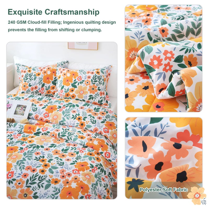 Mooreeke Floral Queen Size Comforter Sets, Green and Yellow Botanical Patterned Bedding for All Seasons, 3-Piece Vintage Bed in a Bag with Fluffy Quilted Reversible Comforter & 2 Pillow Shams - Image 3