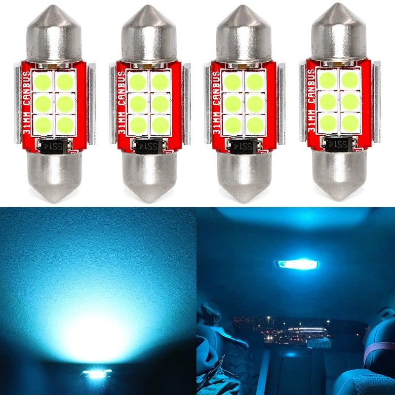PHINLION DE3175 Ice Blue LED Light Bulbs, Super Bright 3030 6-SMD Festoon 31mm DE3021 DE3022 Miniature 12V LED Bulb for Car Interior Map Reading Dome Trunk Courtesy Lights, Pack of 4