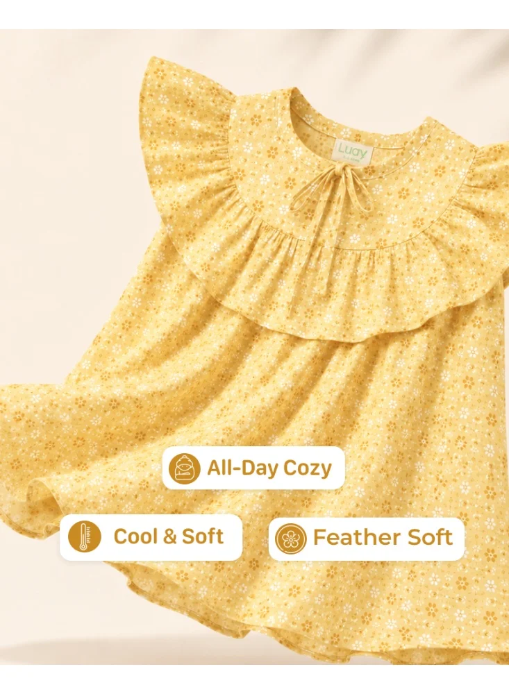 Luay Yellow LUAY Girls Floral Rayon Frock | Ruffle Collar Short Sleeve Casual Frock | Soft Breathable Lightweight Summer Dress for Girls for Women | Best Price UAE