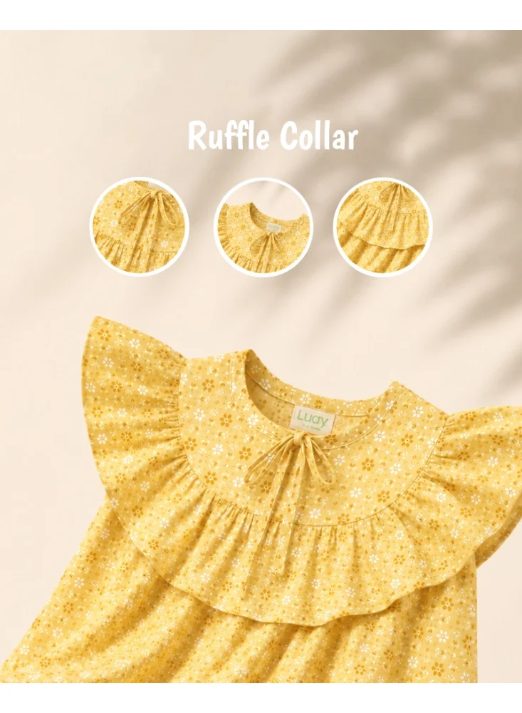 Luay Yellow LUAY Girls Floral Rayon Frock | Ruffle Collar Short Sleeve Casual Frock | Soft Breathable Lightweight Summer Dress for Girls for Women | Best Price UAE
