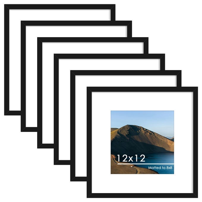 12X12 PICTURE FRAME SET OF 6 DISPLAY PICTURES 8 X 8 WITH MAT OR 12 X 12 WITHOUT MAT FOR WALL MOUNTING DISPLAY PHOTO FRAMES COLLAGE FOR WALL DECOR BLACK