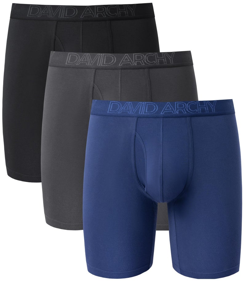 DAVID ARCHY Mens Underwear Boxer Briefs Breathable Soft Moisture-Wicking with Fly Underwear Long Leg 8" for Men 3 Pack (M, Black/Dark Gray/Navy Blue - 8" in 3 Pack) - Image 1