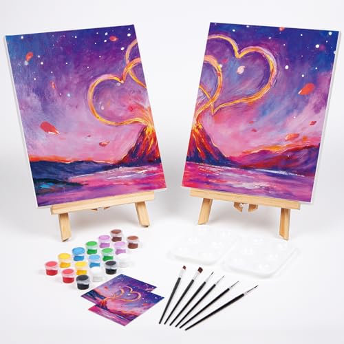 VOCHIC 2 Pack Sip and Paint Kit Pre Drawn Canvas for Painting for Adults Couples Date Night Games Outline Canvas Party Art Set Paints Brushes Pallets Valentine (8x10 Inches, Volcano and Heart) - Image 2