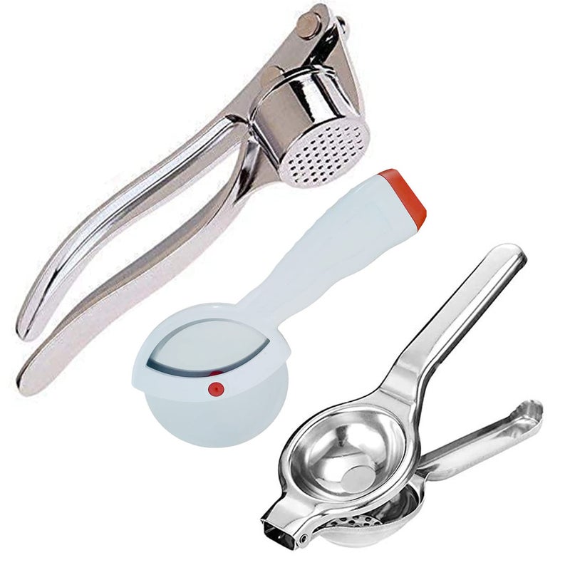 Global Impex GLOBAL IMPEX Combo of Stainless Steel Garlic Crusher 2 In1 Stainless Steel Lemon Squeezer with Bottle Opener and Pizza Cutter with Comfortable Plastic Handle Silver and White Pack of 3  - Image 1