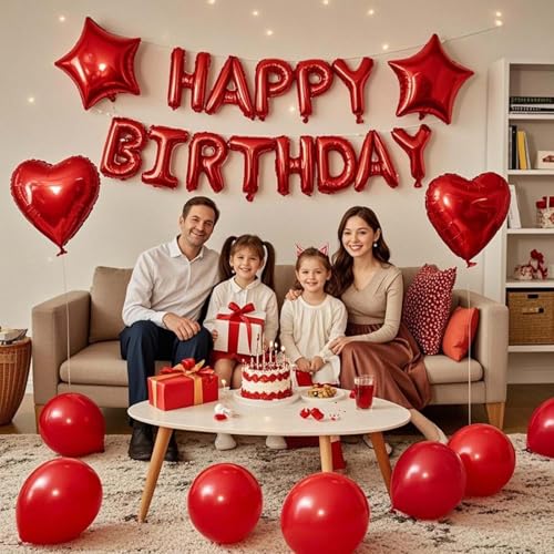 WEIKA 27 Pcs Red Birthday Decorations, 3D Foil Red Happy Birthday Balloon Banner, Pentagram Heart Foil Balloons Confetti Balloons Kit For Boys Girls Birthday Party Supplies - Image 3