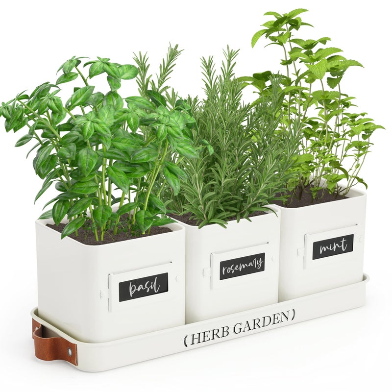 PERFNIQUE Indoor Herb Garden, Herb Planter Set with Tray, Farmhouse Indoor Plant Pots, Windowsill Herb Garden with Drainage(Planter only) for Indoor/Outdoor, Window Pots(White) - Image 1