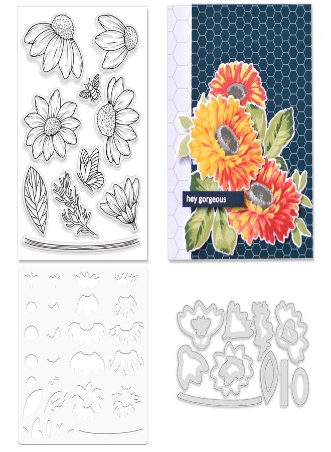 ORIGACH Daisy Flower Stamps and Dies and Layering Coloring Stencil Set, Silicone Stamps Metal Die Cut and Layering Stencil Template with Daisy Pattern for Card Making Scrapbooking DIY Crafting - Image 1