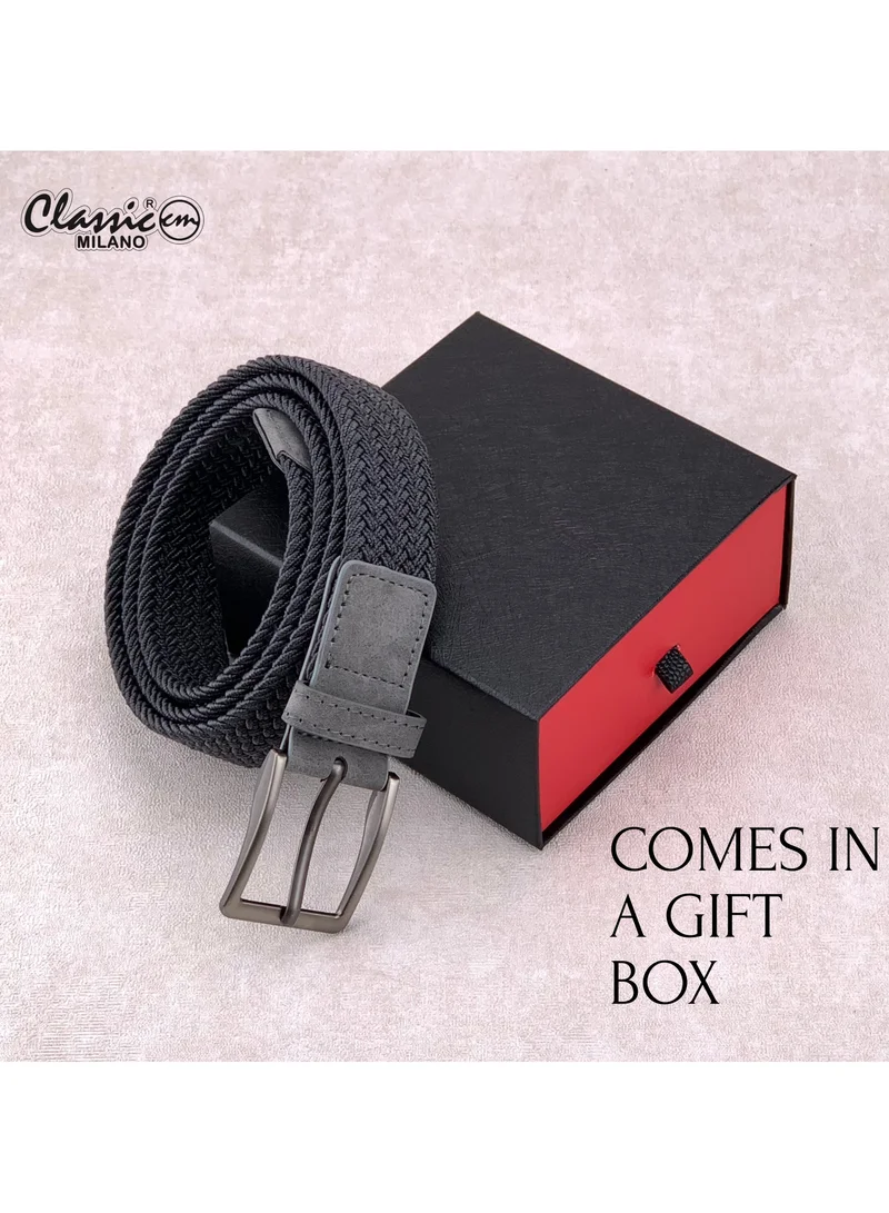 Classic Milano Grey (DWE-315) Classic Milano Braided Cotton Elastic Stretch Belt for Men & Women, Woven Canvas Web Belt with Gift Box, Adjustable Men's Belt | Full Length: 110CM (Free Size - Fits up to the waist of 40 Inches / 100 CM)  | Best Price UAE