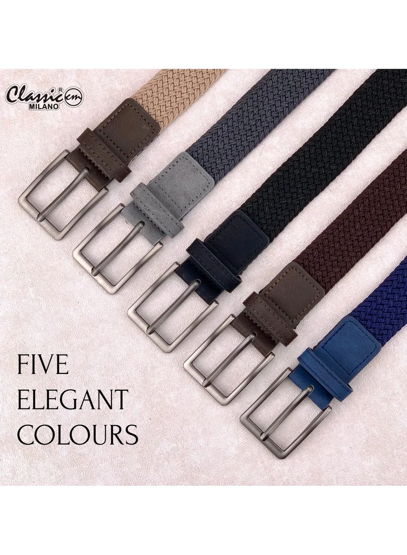 Classic Milano Grey (DWE-315) Classic Milano Braided Cotton Elastic Stretch Belt for Men & Women, Woven Canvas Web Belt with Gift Box, Adjustable Men's Belt | Full Length: 110CM (Free Size - Fits up to the waist of 40 Inches / 100 CM)  | Best Price UAE