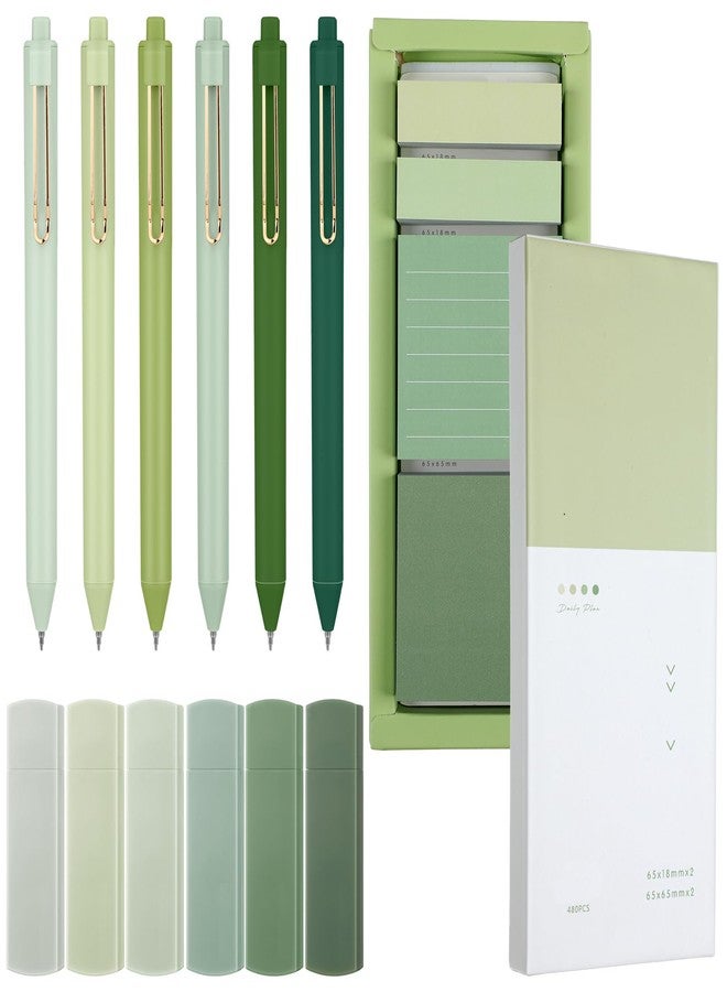 Resurhang Aesthetic Stationery Set Supplies Sticky Notes Set 6 Mini Correction Tapes 6 Retractable Black Ink Pens 0.5mm Fine Point Paper Corrective Pen Self Stick Index Tabs(Green) - Image 1