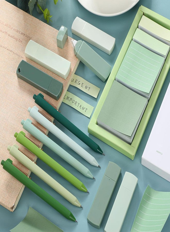 Resurhang Aesthetic Stationery Set Supplies Sticky Notes Set 6 Mini Correction Tapes 6 Retractable Black Ink Pens 0.5mm Fine Point Paper Corrective Pen Self Stick Index Tabs(Green) - Image 4