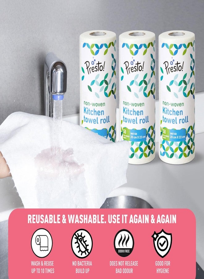 Presto! Amazon Brand - Presto! Non-Woven Reusable Kitchen Towel Roll | 50 Pulls | 150 Sheets (Pack of 3) | Size: 20 x 22 cm | White | Washable | Highly Absorbent | For Daily Use - Image 4