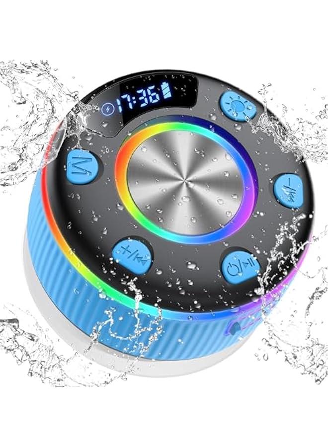 Arabest Bluetooth Shower Speaker, IP7 Waterproof Portable Bluetooth 5.3 Speakers with Suction Cup, Mini Wireless Speaker with RGB Lights Time Display, Loud Stereo Sound for Bathroom Beach Outdoor Party, Blue - Image 1
