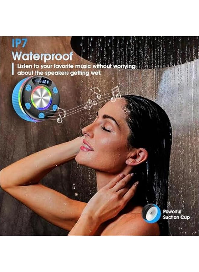 Arabest Bluetooth Shower Speaker, IP7 Waterproof Portable Bluetooth 5.3 Speakers with Suction Cup, Mini Wireless Speaker with RGB Lights Time Display, Loud Stereo Sound for Bathroom Beach Outdoor Party, Blue - Image 5