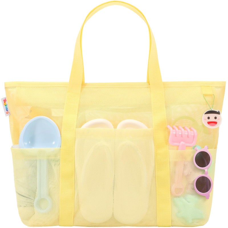Tagitary Mesh Beach Bag with Zipper and 8 Pockets, Yellow Large Beach Tote Waterproof Sandproof for Camping Sports Pool Swim Bag Foldable Beach Accessories Toys Storage Travel Bag - Image 1