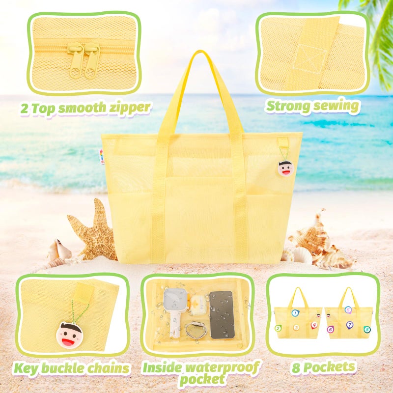 Tagitary Mesh Beach Bag with Zipper and 8 Pockets, Yellow Large Beach Tote Waterproof Sandproof for Camping Sports Pool Swim Bag Foldable Beach Accessories Toys Storage Travel Bag - Image 5