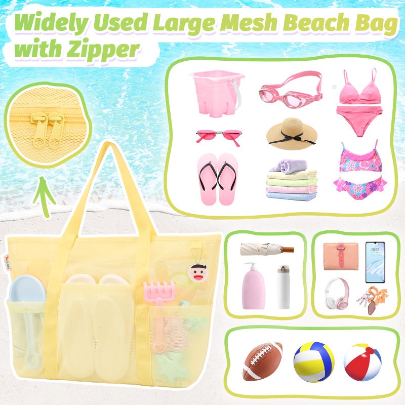 Tagitary Mesh Beach Bag with Zipper and 8 Pockets, Yellow Large Beach Tote Waterproof Sandproof for Camping Sports Pool Swim Bag Foldable Beach Accessories Toys Storage Travel Bag - Image 4