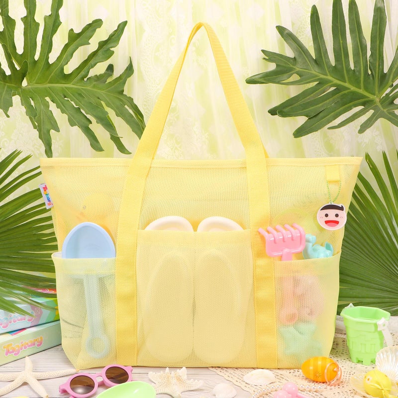 Tagitary Mesh Beach Bag with Zipper and 8 Pockets, Yellow Large Beach Tote Waterproof Sandproof for Camping Sports Pool Swim Bag Foldable Beach Accessories Toys Storage Travel Bag - Image 3