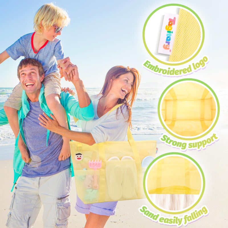 Tagitary Mesh Beach Bag with Zipper and 8 Pockets, Yellow Large Beach Tote Waterproof Sandproof for Camping Sports Pool Swim Bag Foldable Beach Accessories Toys Storage Travel Bag - Image 2