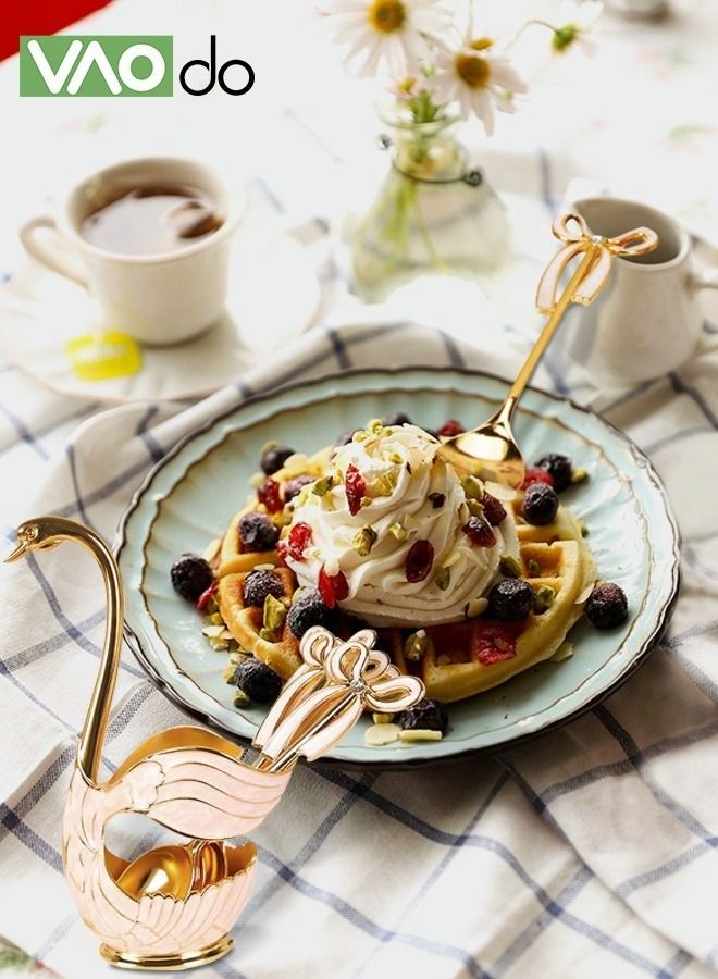 فاو دو طقم ملاعق مكون من 7 قطع من ملاعق الحلوى المصنوعة من الفولاذ المقاوم للصدأ وذيل ذهبي مع ملعقة قهوة بفيونكة مع رف تخزين ملعقة - Image 2