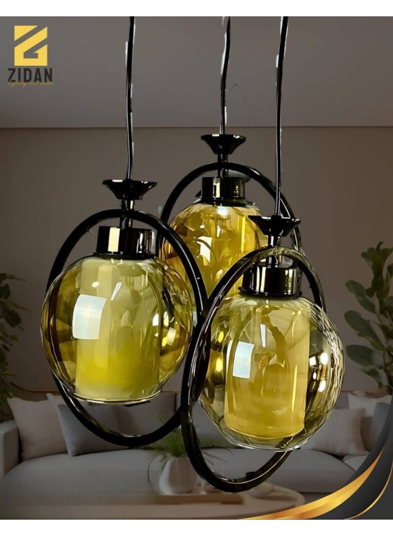Modern triple pendant, olive green metal, 3 lights, from Zidane Center.