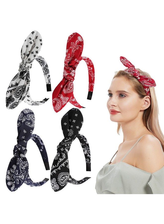 Lvyeer 4 Pack Bandana Headbands For Women Bow Headbands For Women Paisley Print Bowknot Headband Rabbit Ear Headwrap Cute Hairband Hair Accessories For Women And Girls (Style1 (White Red Navy Blueblack)) - Image 4
